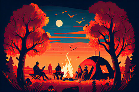 Family enjoying vacation camping at countryside in Autumn,Group of People sitting near the tent.Generative AIの素材