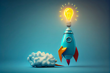 Ideas inspiration concepts with rocket lightbulb on blue background.Generative AIの素材