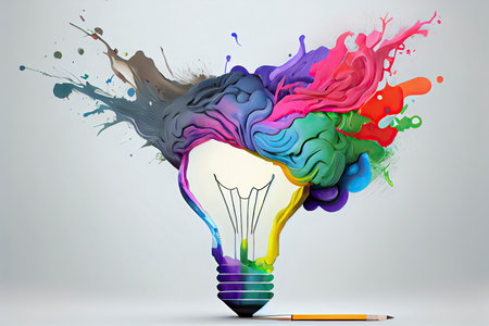 Creative light bulb explodes with colorful paint and splashes  Think differently creative idea concept.Generative AIの写真素材