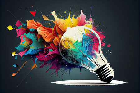 Creative light bulb explodes with colorful paint and splashes  Think differently creative idea...