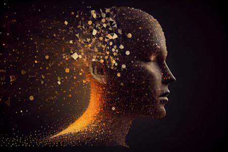 a human head made of many particles or dots and laser grid on the backgroun.Generative AIの素材