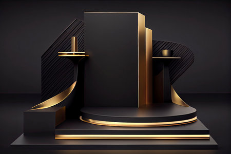 Black Friday banner background with a podium platform, black and gold stuff on a dark scene for product.Generative AIの素材