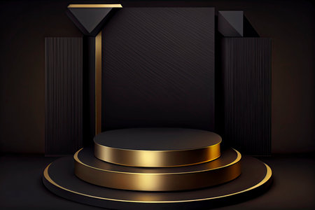 Black Friday banner background with a podium platform, black and gold stuff on a dark scene for product.Generative AIの素材