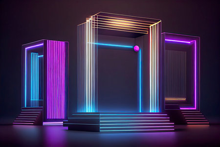 Digital Futuristic showcase concept empty show scene. Abstract geometric fantasy glow neon line background.Generative AIの素材