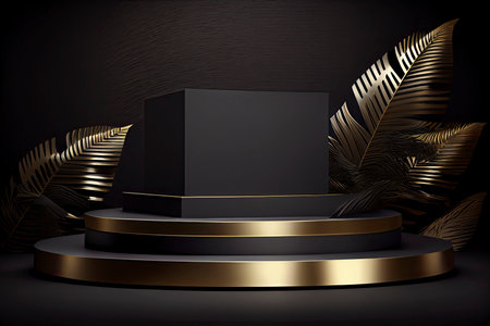 Black Friday banner background with a podium platform, black and gold stuff on a dark scene for product.Generative AIの素材