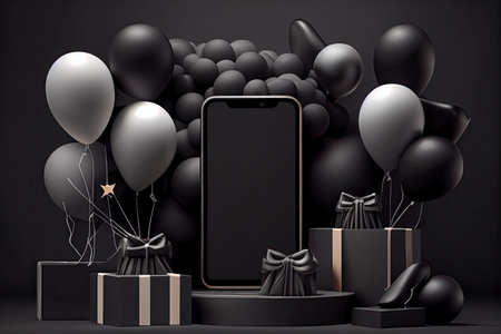 Black Friday banner background with mobile phone blank screen mockup, balloons and gifts on a dark podium.Generative AIの素材