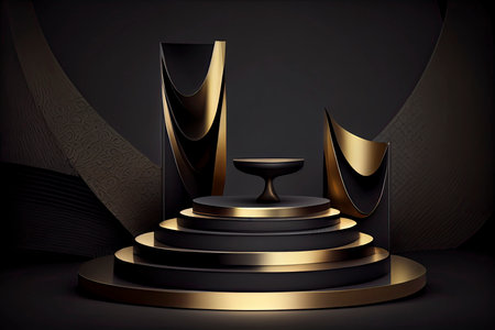 Black Friday banner background with a podium platform, black and gold stuff on a dark scene for product.Generative AIの素材