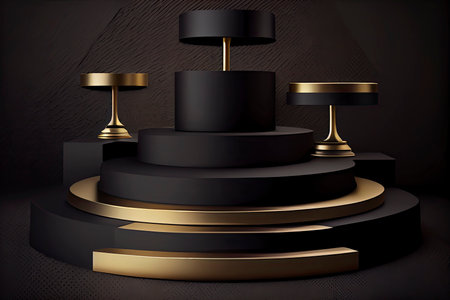 Black Friday banner background with a podium platform, black and gold stuff on a dark scene for product.Generative AIの素材