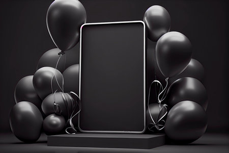 Black Friday banner background with mobile phone blank screen mockup, balloons and gifts on a dark podium.Generative AIの素材