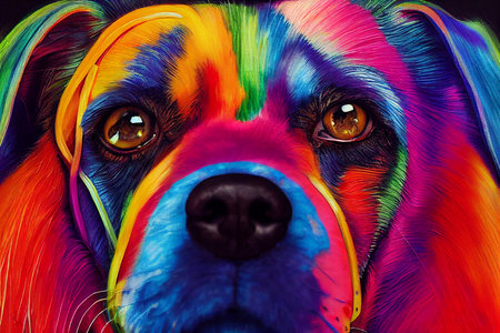 Close-up portrait of a dog with multi-colored hair.の素材