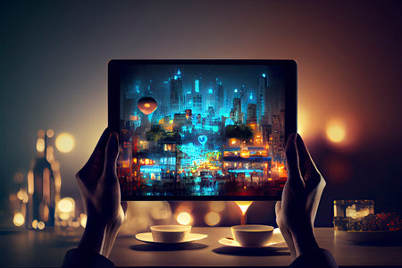 Waiter hand holding an empty digital tablet with Smart city with smart services and icons.Generative AIの素材