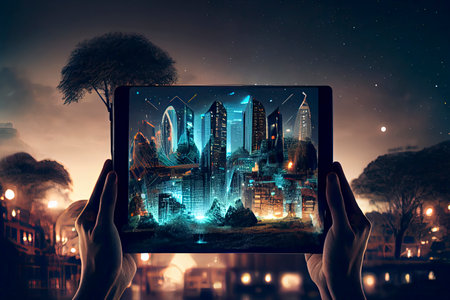 Waiter hand holding an empty digital tablet with Smart city with smart services and icons.Generative AIの素材