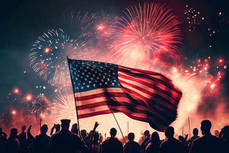 Crowd of people celebrating Independence Day. United States of America USA flag with fireworks background for 4th of July.Generative AIの素材