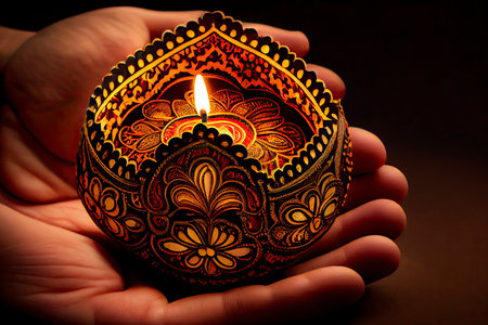 Handmade Diwali Diya Lamp in Hand.Generative AIの素材