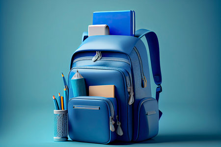 online learning concept Blue backpack with school supplies 3d render on blue gradient.Generative AIの素材