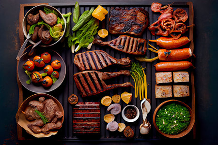 overhead photograph of a BBQ with the meats laid out on the grill.Generative AIの素材