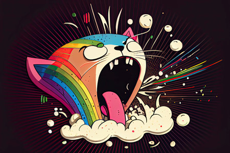 cartoon of a bored cat yawning with a rainbow coming out of it's mouth.Generative AIの素材
