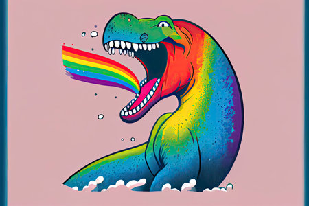 cartoon of a bored dinosaur yawning with a rainbow coming out of it's mouth.Generative AIの素材