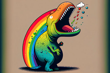 cartoon of a bored dinosaur yawning with a rainbow coming out of it's mouth.Generative AIの素材