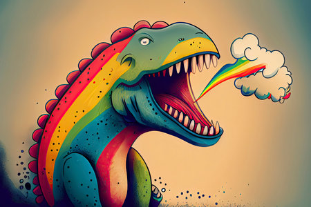 cartoon of a bored dinosaur yawning with a rainbow coming out of it's mouth.Generative AIの素材