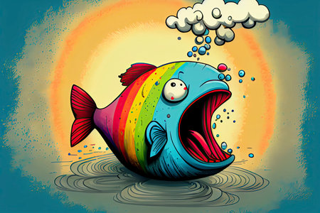 cartoon of a bored fish yawning with a rainbow coming out of it's mouth.Generative AIの素材