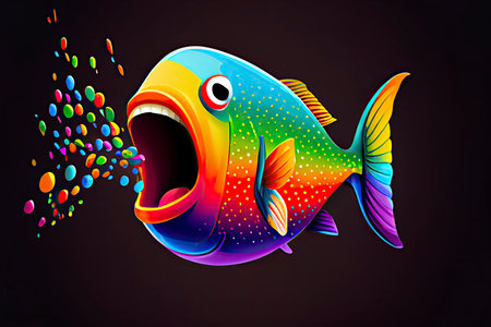 cartoon of a bored fish yawning with a rainbow coming out of it's mouth.Generative AIの素材