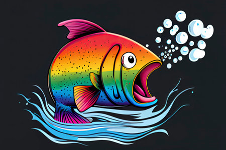 cartoon of a bored fish yawning with a rainbow coming out of it's mouth.Generative AIの素材