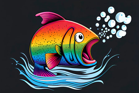 cartoon of a bored fish yawning with a rainbow coming out of it's mouth.Generative AIの素材