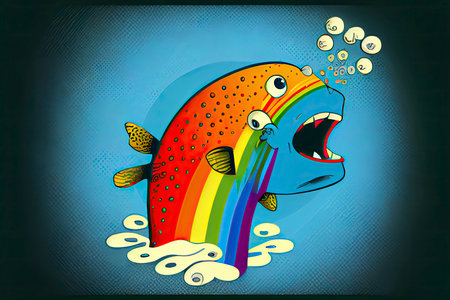 cartoon of a bored fish yawning with a rainbow coming out of it's mouth.Generative AIの素材