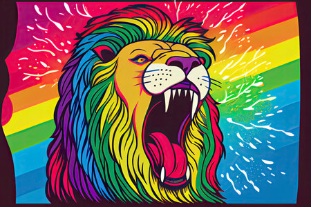 cartoon of a bored lion yawning with a rainbow coming out of it's mouth.Generative AIの素材
