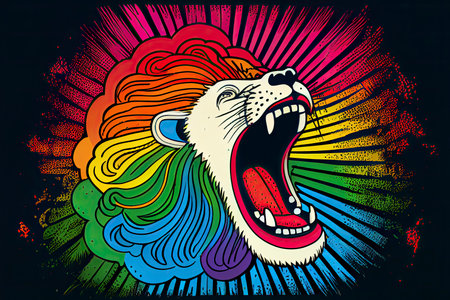 cartoon of a bored lion yawning with a rainbow coming out of it's mouth.Generative AIの素材