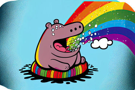 cartoon of a bored hippo yawning with a rainbow coming out of it's mouth.Generative AIの素材
