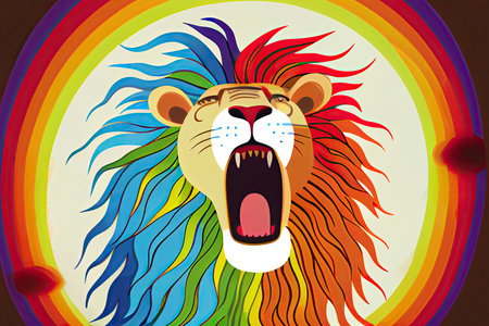 cartoon of a bored lion yawning with a rainbow coming out of it's mouth.Generative AIの素材