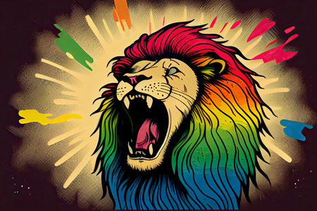 cartoon of a bored lion yawning with a rainbow coming out of it's mouth.Generative AIの素材