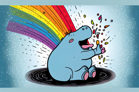 cartoon of a bored hippo yawning with a rainbow coming out of it's mouth.Generative AIの素材
