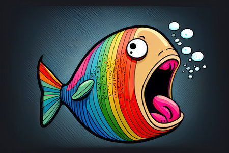 cartoon of a bored fish yawning with a rainbow coming out of it's mouth.Generative AIの素材