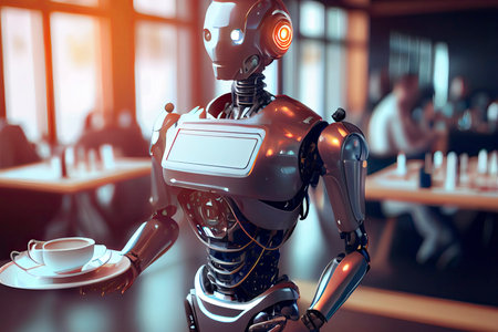 A humanoid robot waiter carries a tray of food and drinks in a restaurant.Generative AIの素材