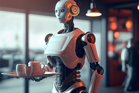 A humanoid robot waiter carries a tray of food and drinks in a restaurant.Generative AIの素材