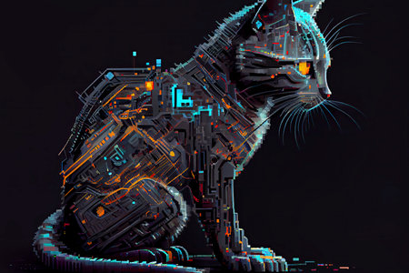 Create a futuristic cyberpunk-style cat with pixel art-style mechanical body parts.Generative AIの素材