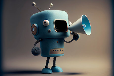 Online marketing idea featuring a little, adorable robot holding a megaphone without its legs.Generative AIの素材