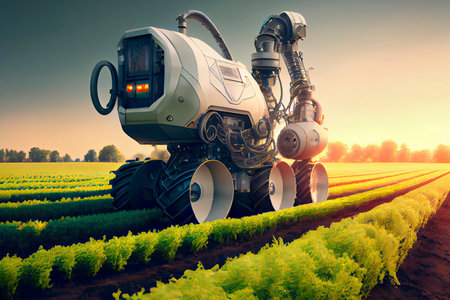 Futuristic farming automation using advanced machines with robotic arm to spray fertilizer on field.Generative AIの素材