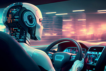 Humanoid robot driving autonomous car, future technology concept.Generative AIの素材