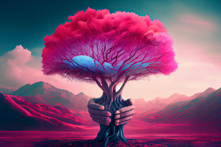 Surreal pink landscape with hands holding a colorful tree.Generative AIの素材