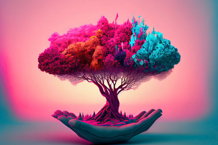 Surreal pink landscape with hands holding a colorful tree.Generative AIの素材