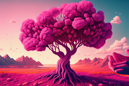 Surreal pink landscape with hands holding a colorful tree.Generative AIの素材