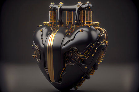 Matte black with gold robotic heart, sci-fi replacement organ, 3d rendering on dark background.Generative AIの素材
