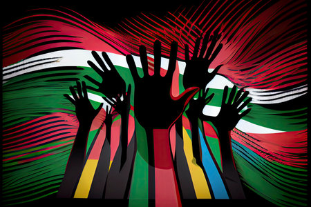 An abstract illustration of diverse raised hands on an isolated Pan African Flag colors background for Black History Month.Generative AIの素材