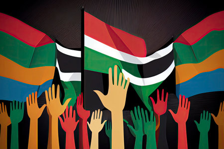 An abstract illustration of diverse raised hands on an isolated Pan African Flag colors background for Black History Month.Generative AIの素材