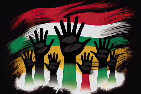 An abstract illustration of diverse raised hands on an isolated Pan African Flag colors background for Black History Month.Generative AIの素材