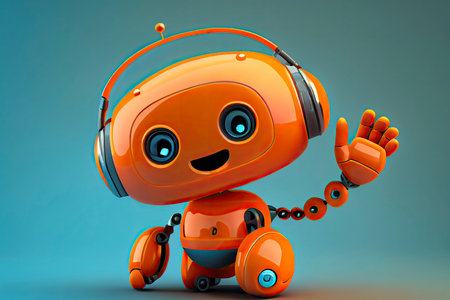 Friendly positive cute cartoon orange robot with smiling face waving its hand. Chatbot greets.Generative AIの素材